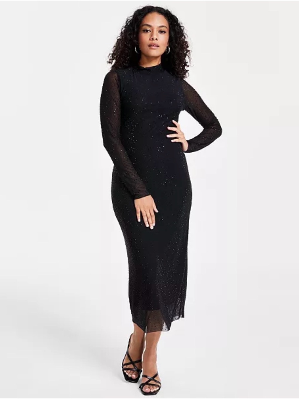 BAR lll Black Studded Beaded Sheer Long-Sleeve Mesh Bodycon Midi / Maxi Dress 2X